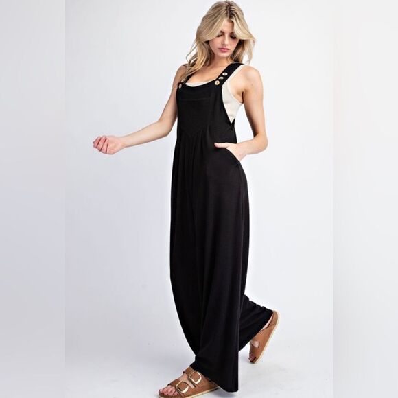 094. SLEEVELESS OVERALL WIDE LEG JUMPSUIT- BLACK - Picture 3 of 5
